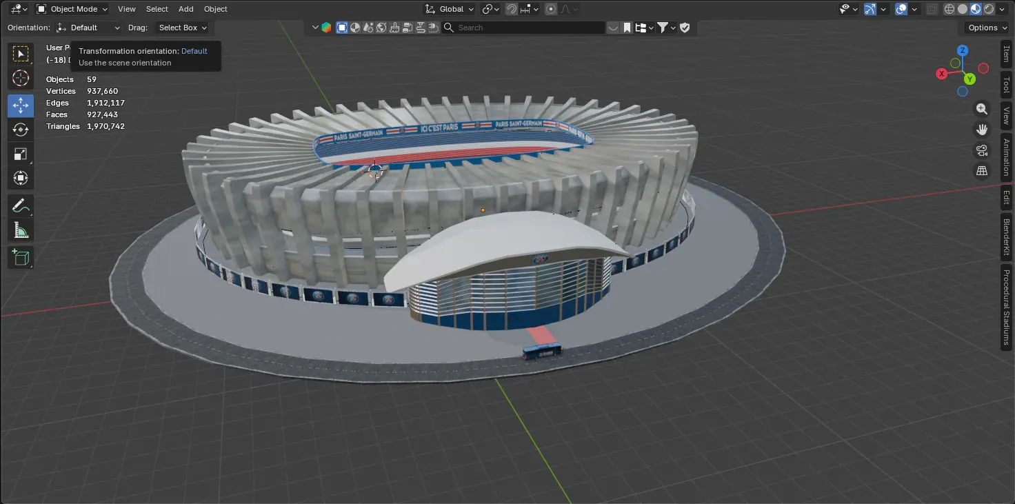 Cette image montre le Parc des Princes en 3D dans Blender