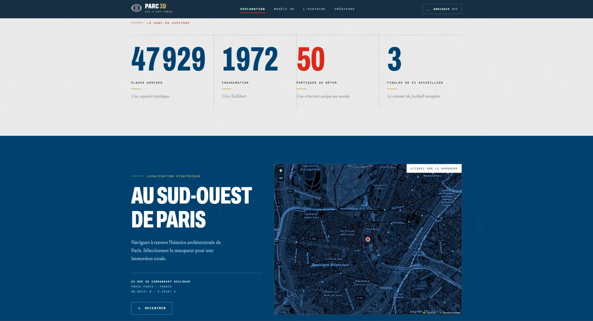Cette image montre une page contenant des données sur le Parc des Princes