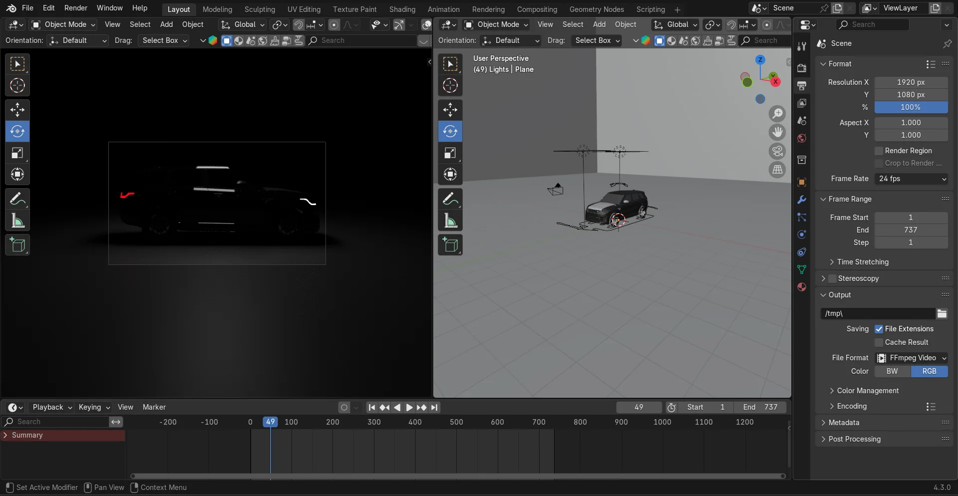 Blender coupé en deux écrans, un écran pour le rendu en temps réel et un écran pour le viewport