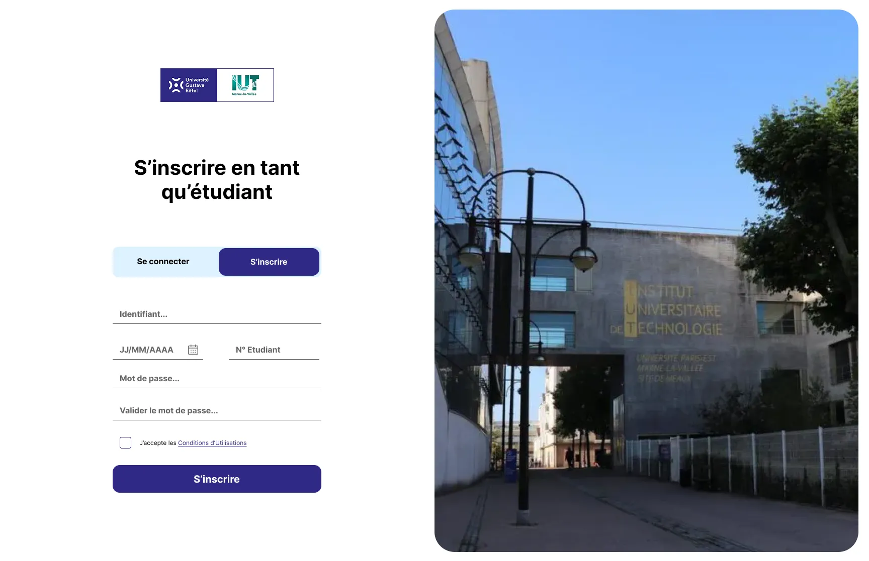 Page d'inscription pour les étudiants de l'application de réservation de matériel