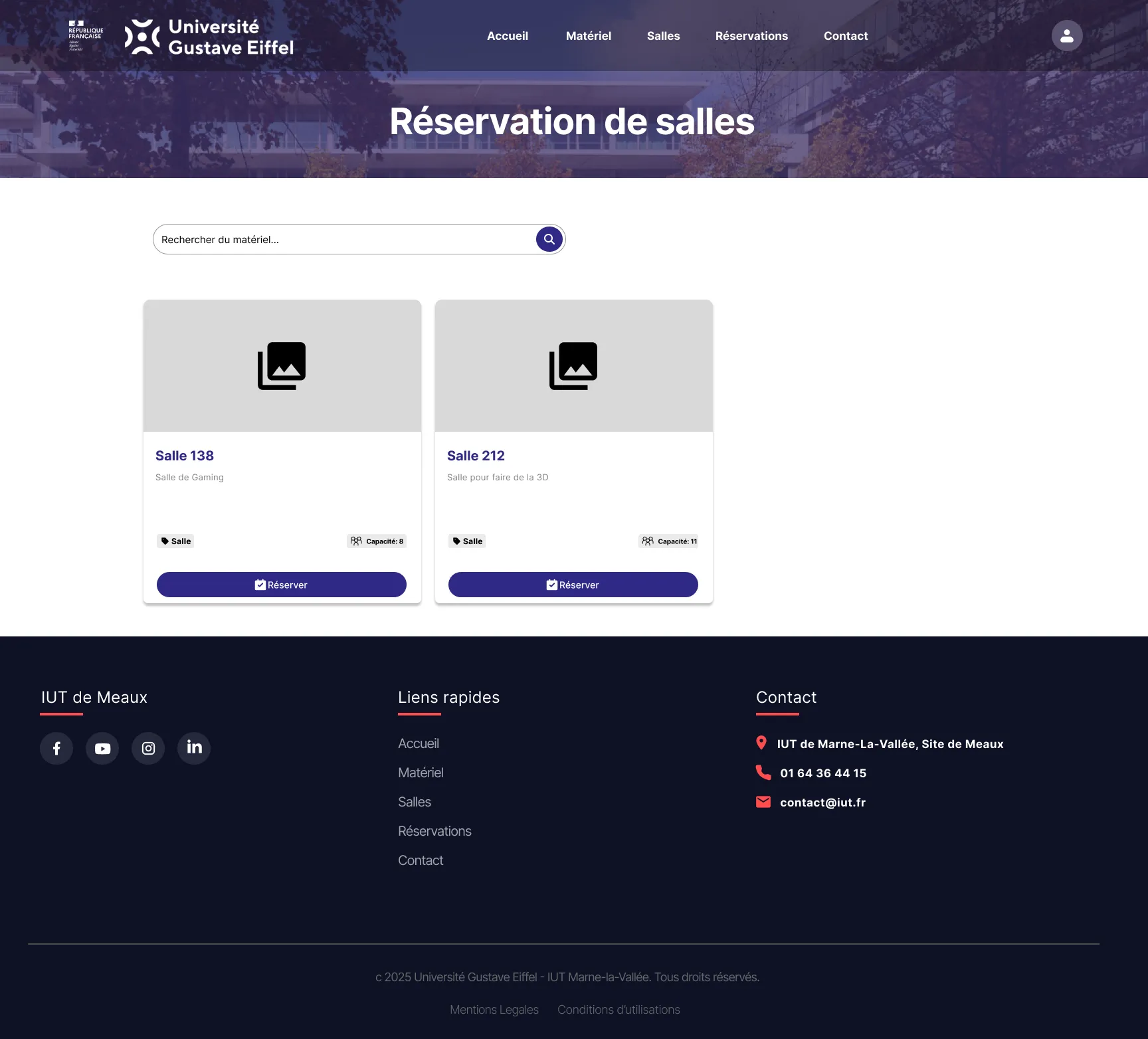 Page de réservation de salles de l'application de réservation de matériel