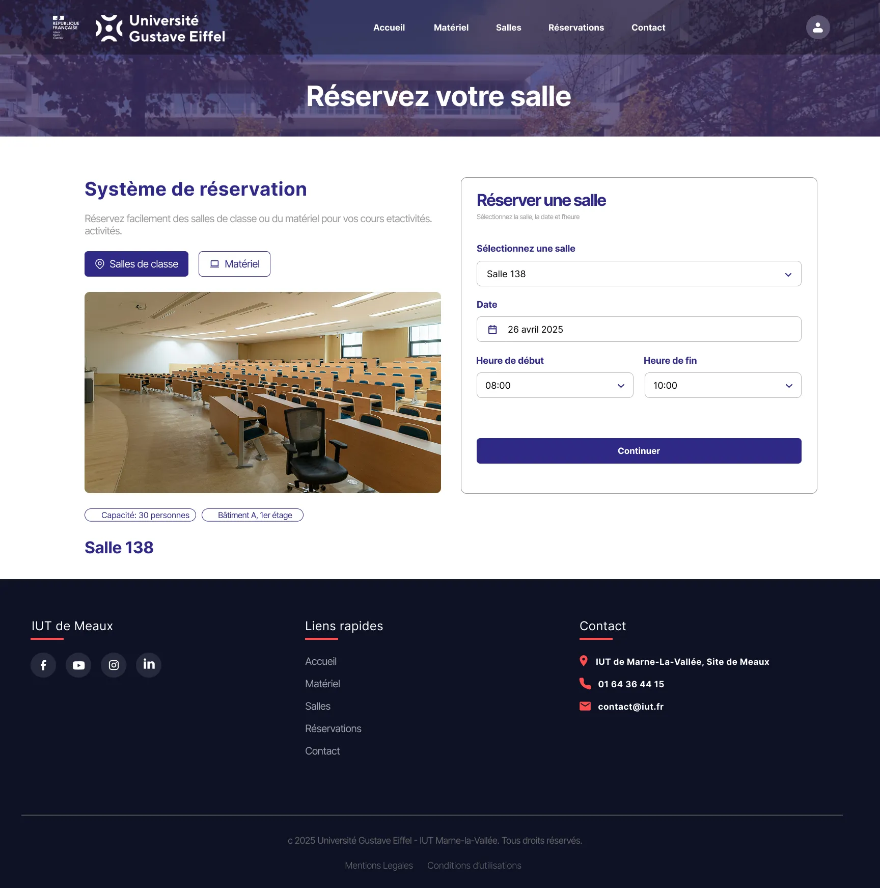 Page de réservation d'une salle de l'application de réservation de matériel