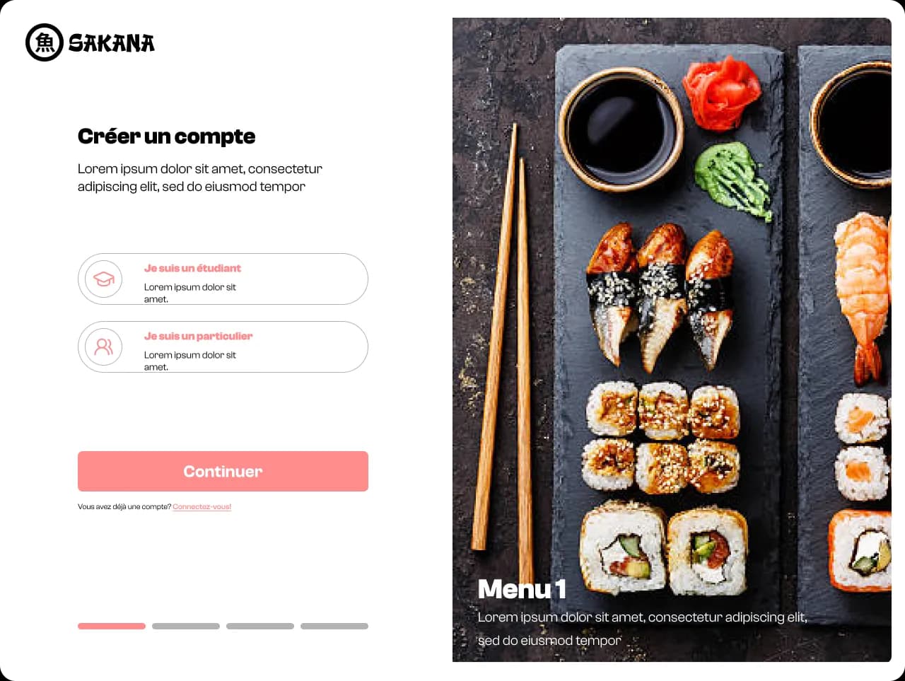 Page d'inscription du site de Sakana avec le choix étudiant