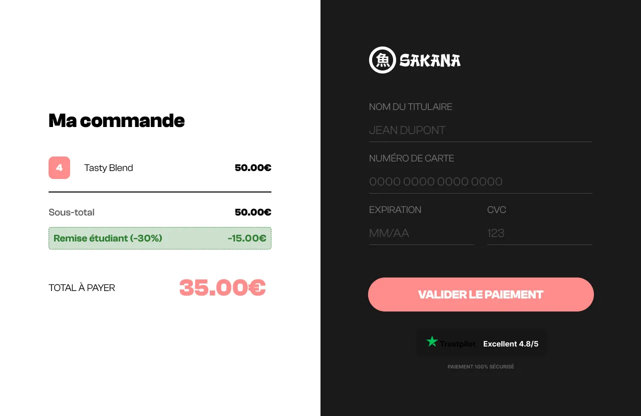 Page de paiement du site de Sakana