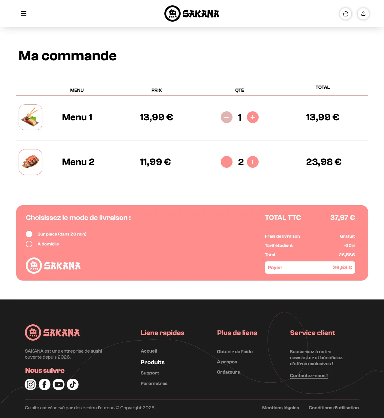 Page panier du site de Sakana