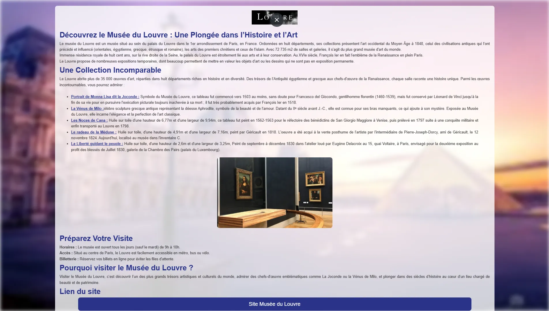 Cette image montre la page qui recommande le musée du Louvre