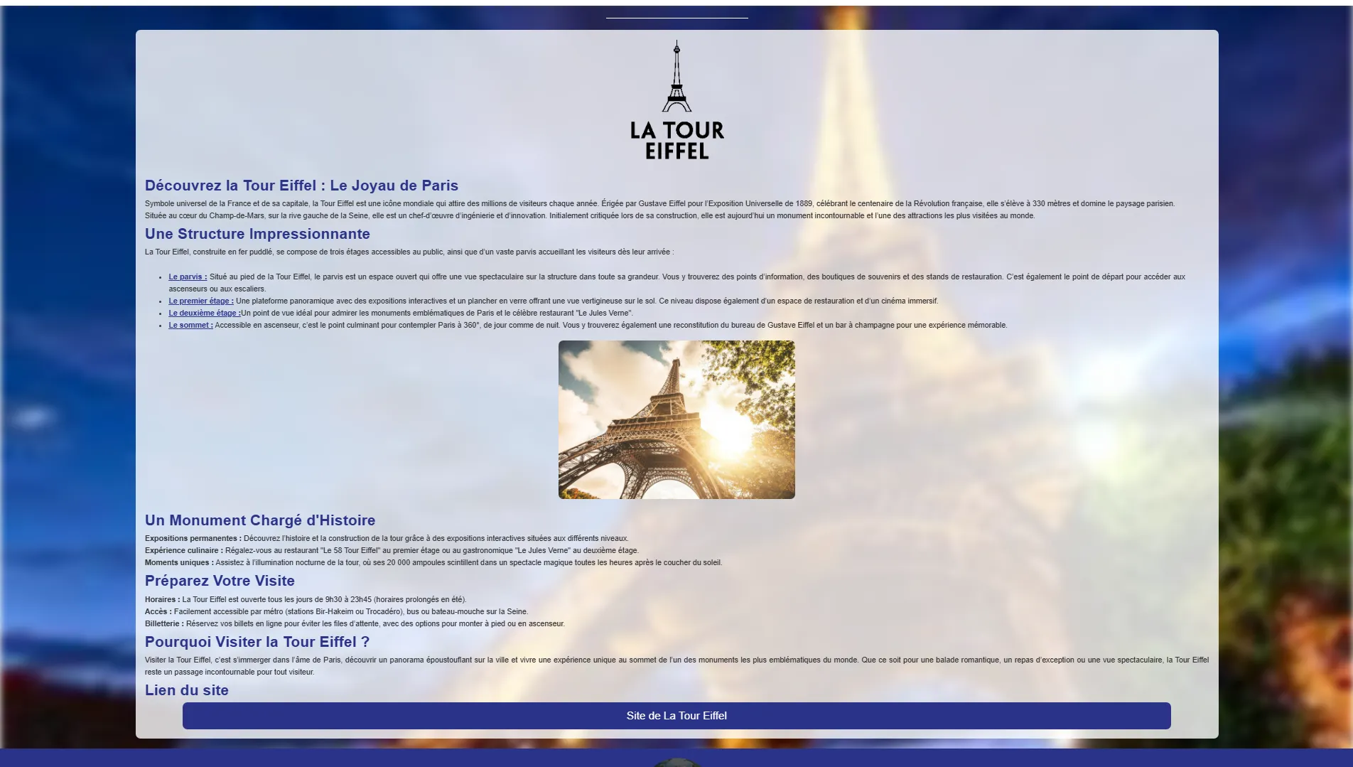 Cette image montre la page qui recommande la Tour Eiffel