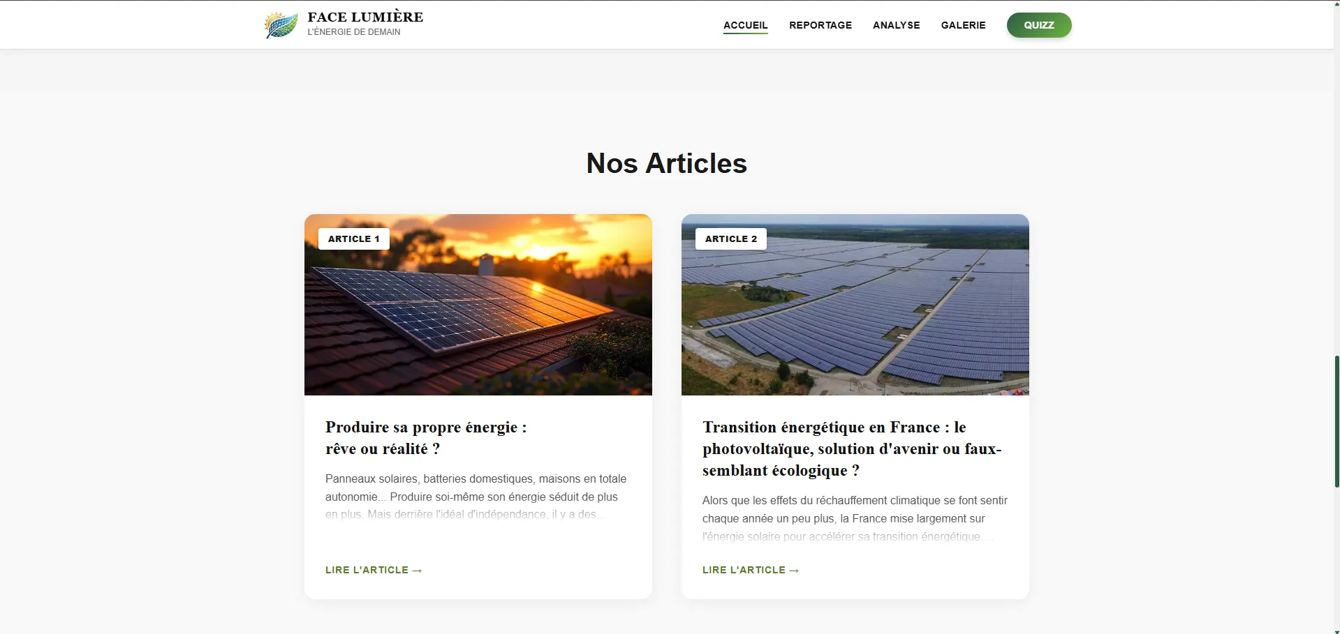 Page d'accueil du Webdocumentaire affichant en premier les deux articles 