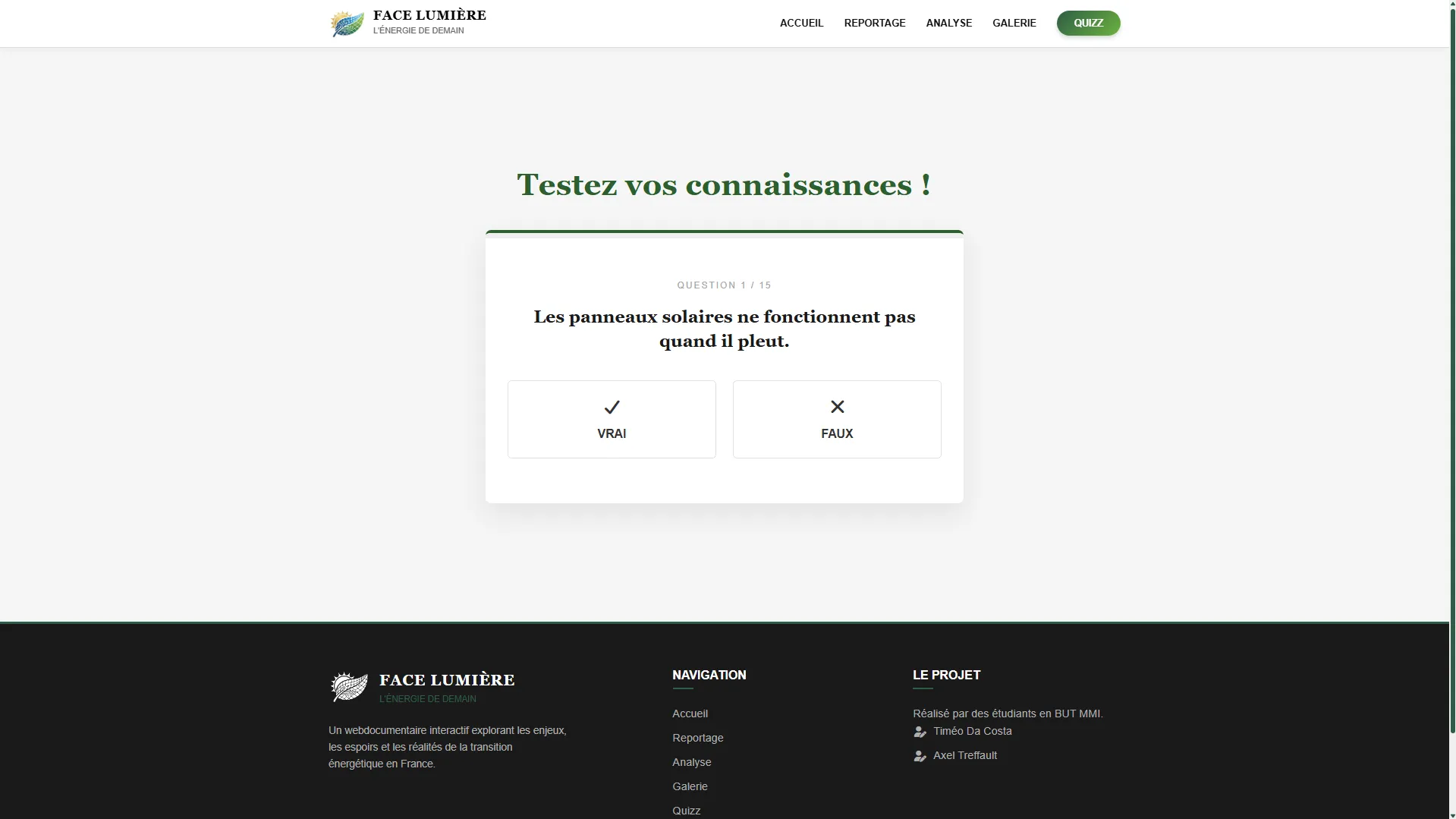 Page Quizz pour les personnes afin de tester leurs connaissances
